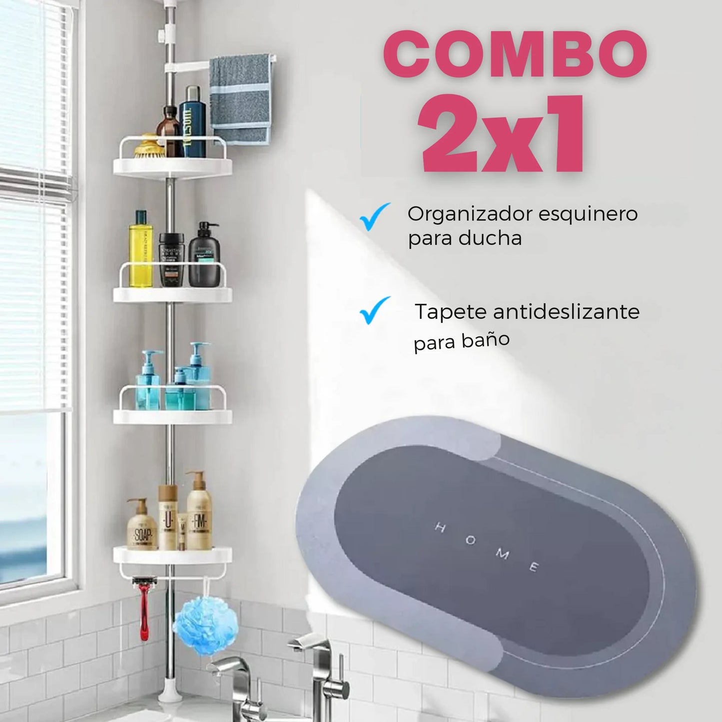 Combo Baño - Organizador Esquinero inoxidable Sin Perforaciones y Tapete Antideslizante Super Absorbente