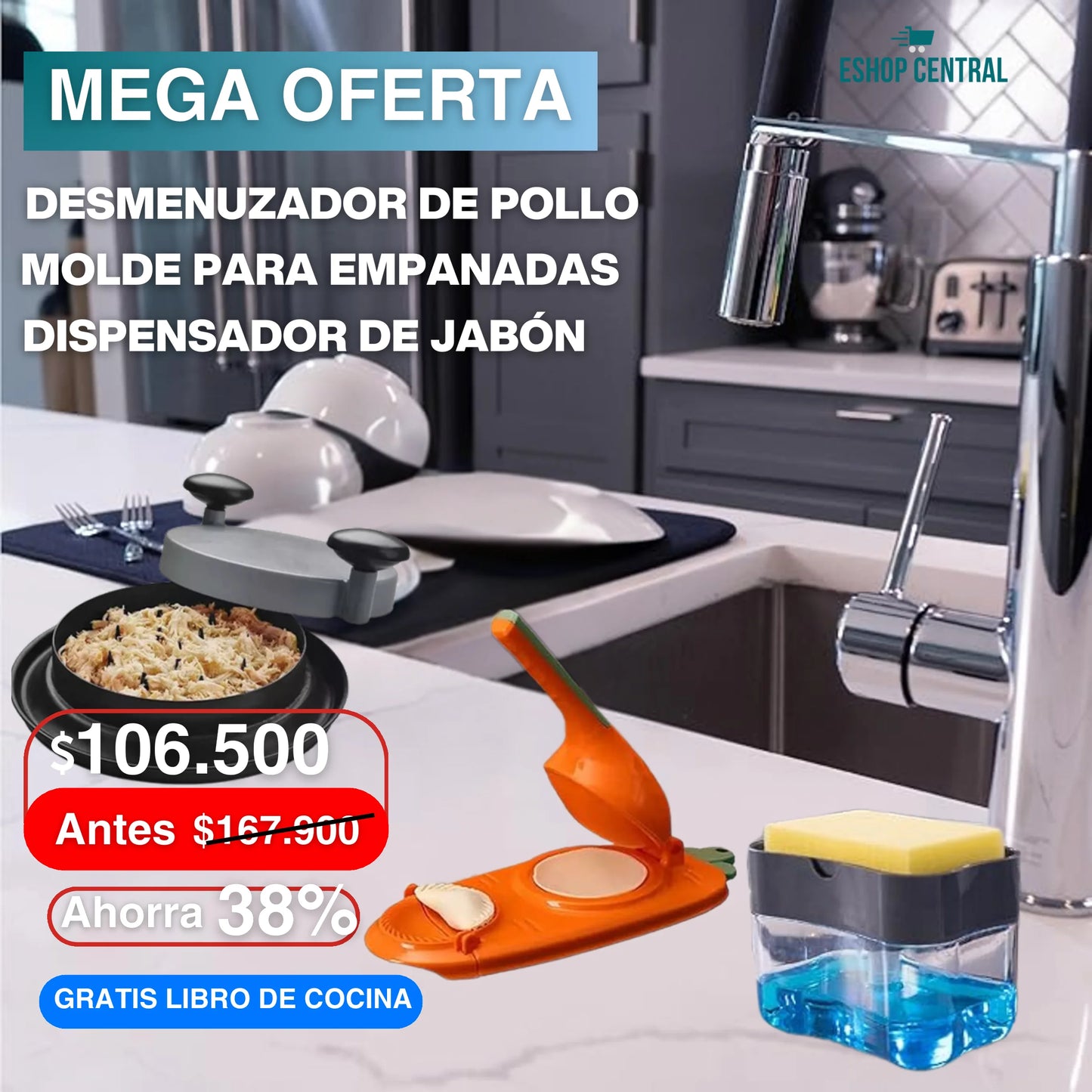 MasterCook Set - Desmenuzador, molde de empanadas, Dispensador de jabon y Libro de Cocina GRATIS