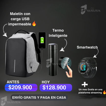 Morral Antirrobo + Termo digital + Reloj inteligente